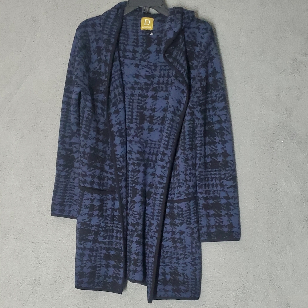 Damask Blue & Black Abstract Houndstooth Open Front Cardigan Jacket / Coatigan